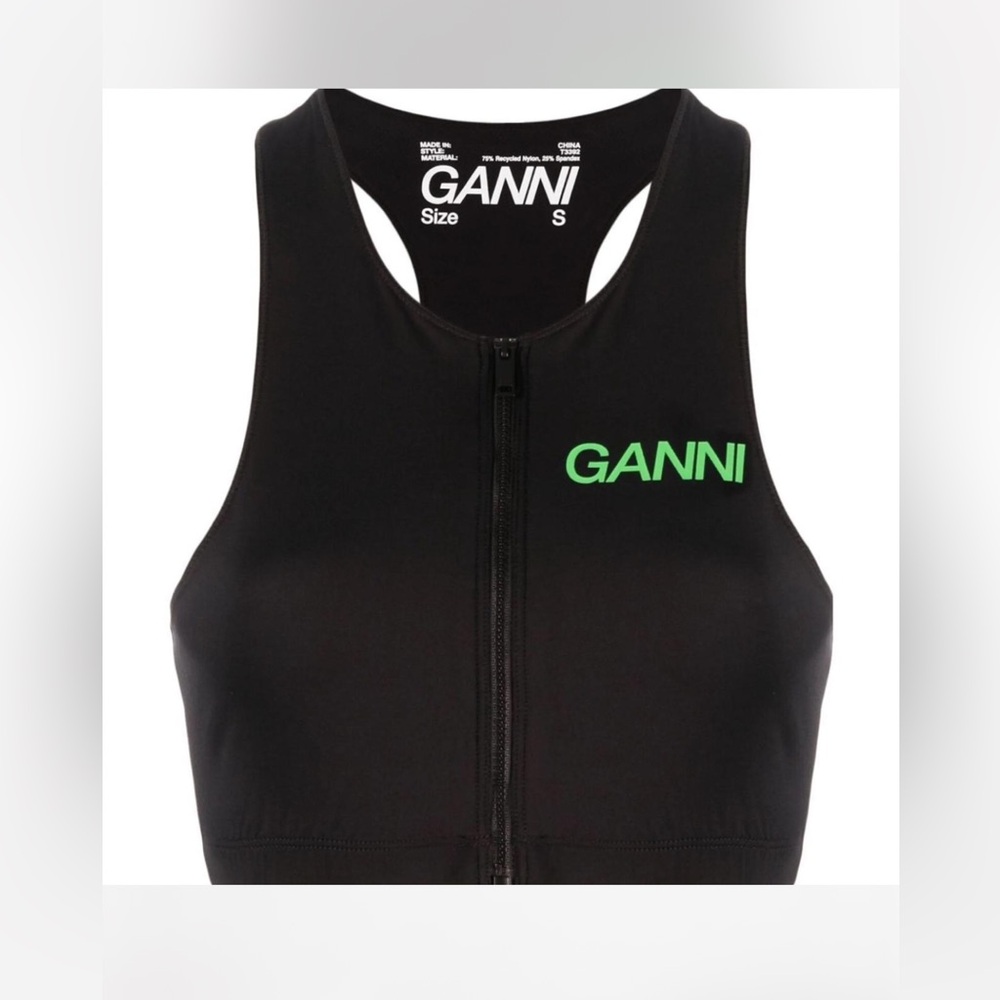Ganni Black Tank Top and Leggings with Green Logo